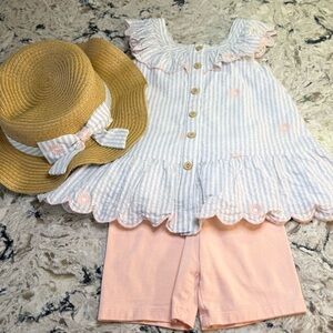 Happily Grey Kids Gray Striped Seersucker Scalloped Set with Matching Straw Hat